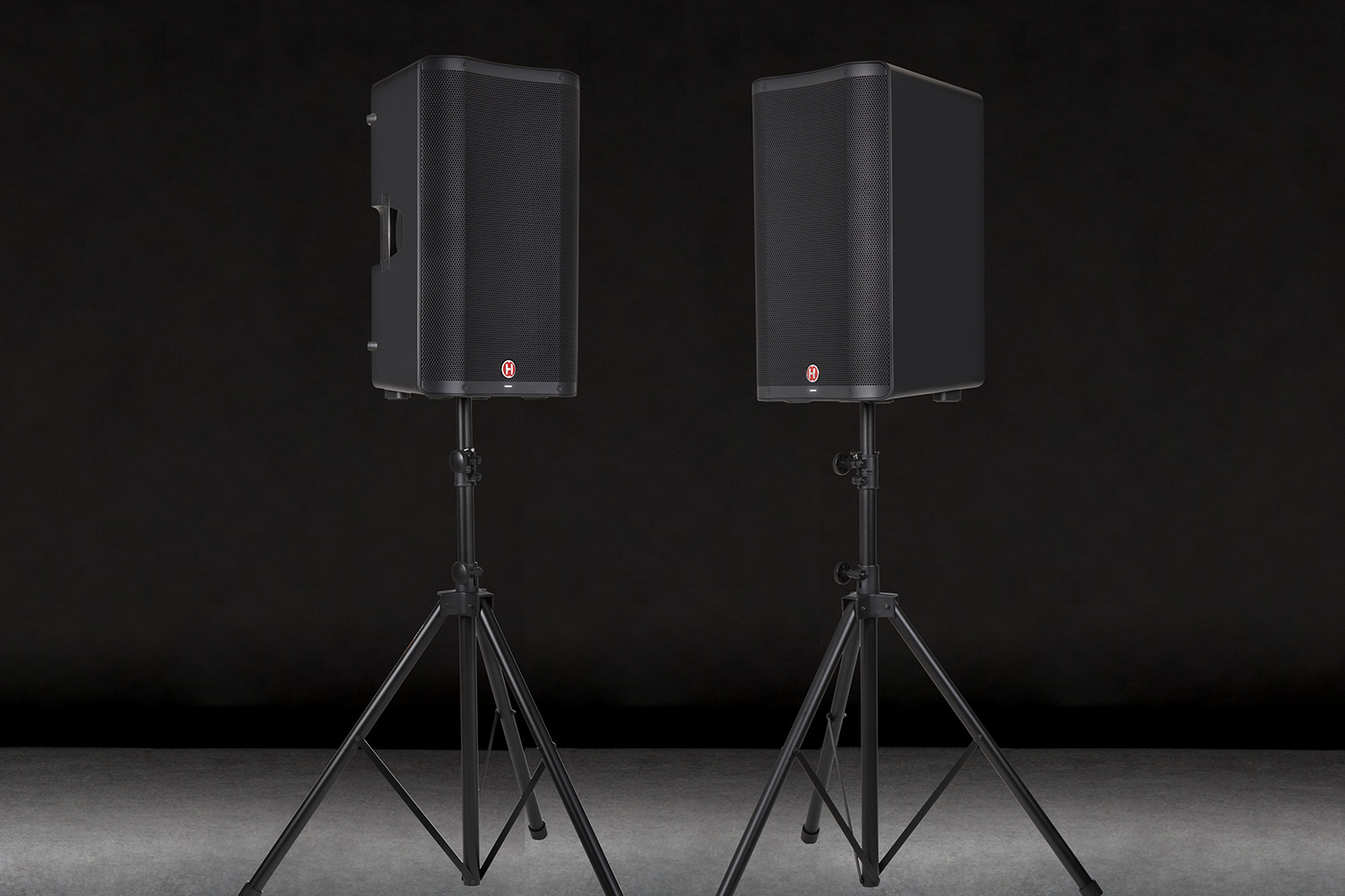 Harbinger VARI2300 professional speakers on stands